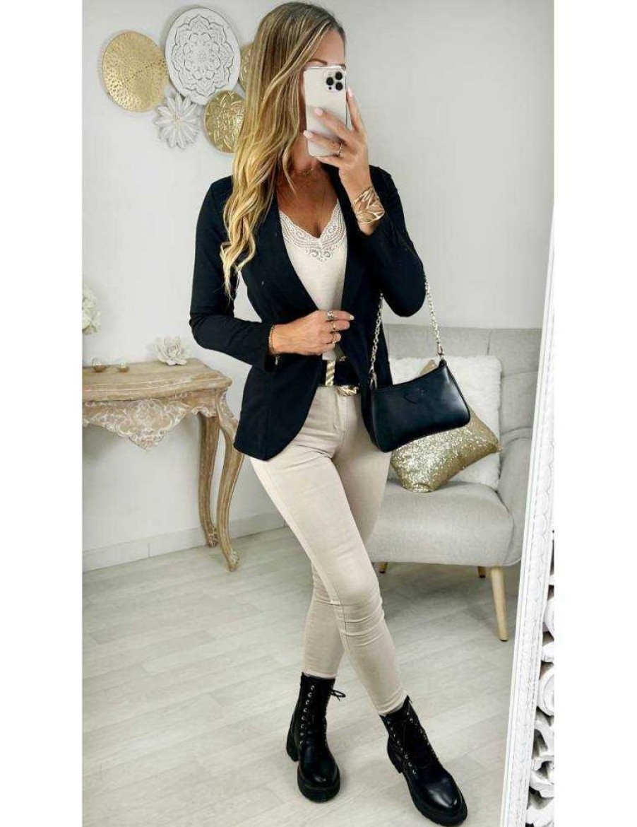 Vestes Gilets My Look Féminin | Blazer Noir Col Droit