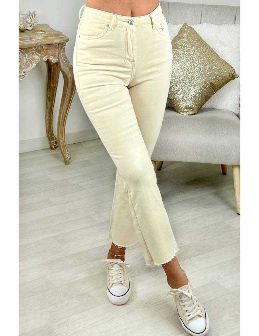 Pantalons My Look Féminin | Jeans Beige Flare Destroy