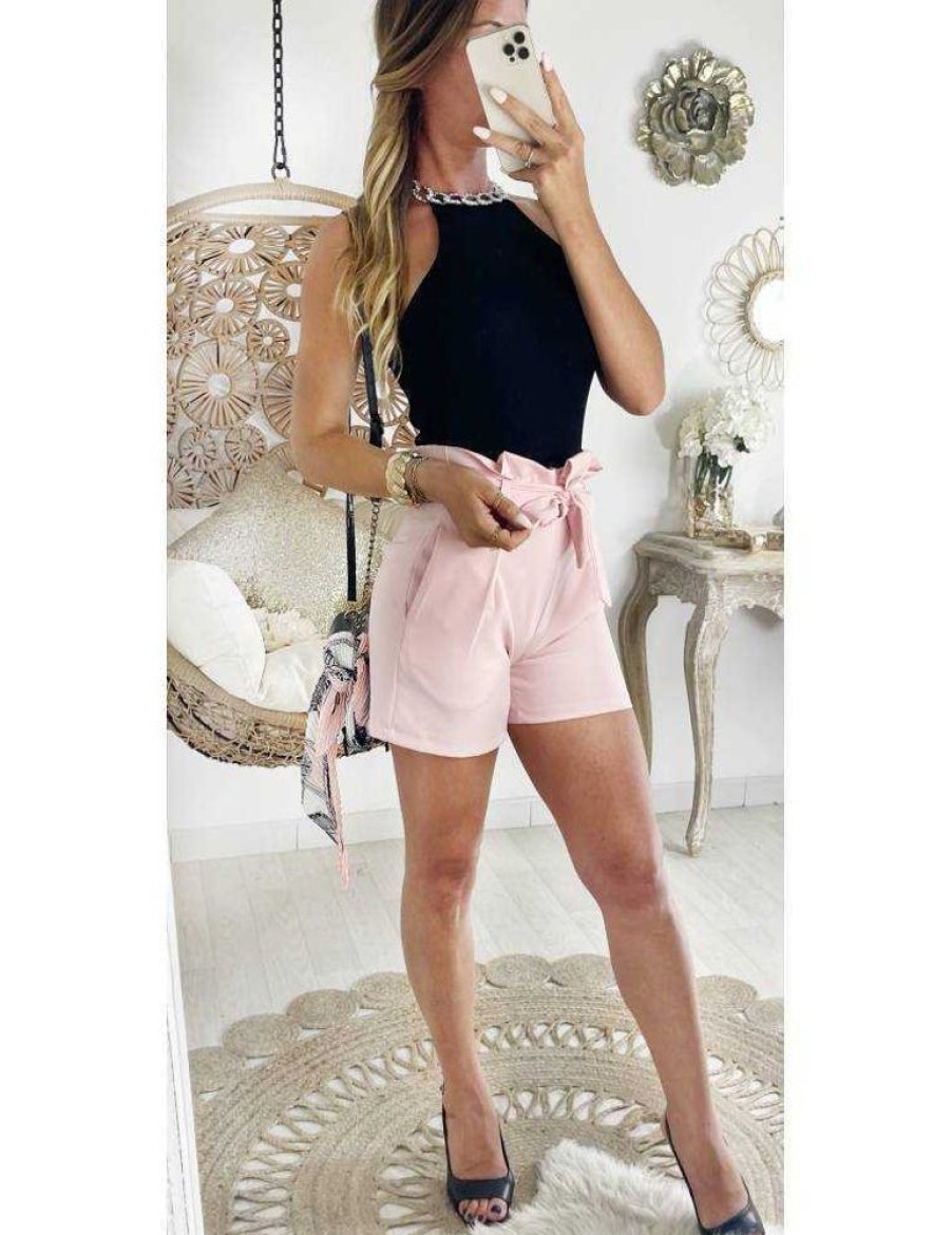 Jupes Shorts My Look Féminin | Mon Superbe Short Rose Pale Et Sa Ceinture