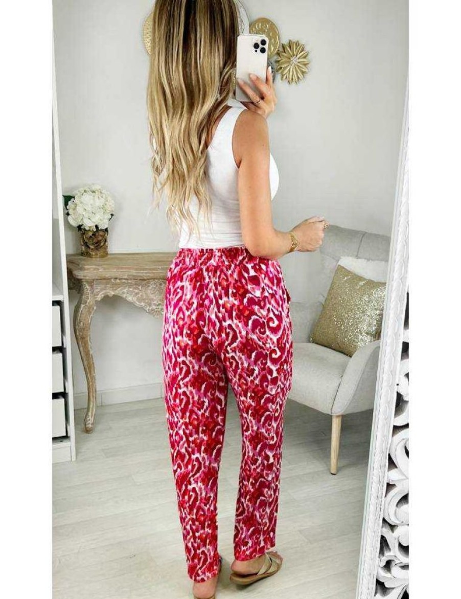 Pantalons My Look Féminin | Pantalon Fluide Motif Fuchsia Et Rose