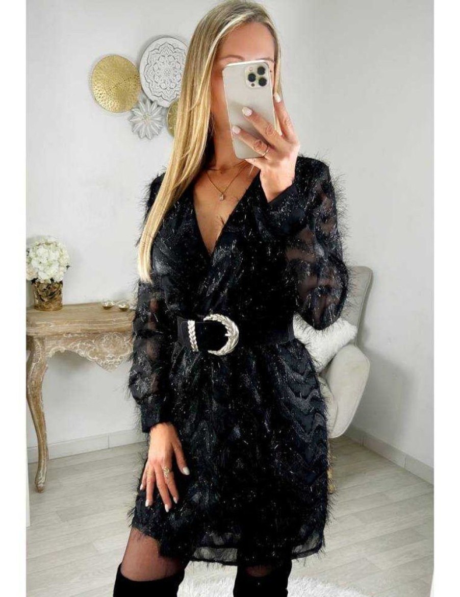 Robes My Look Féminin | Robe Noire Strass Et Plumes