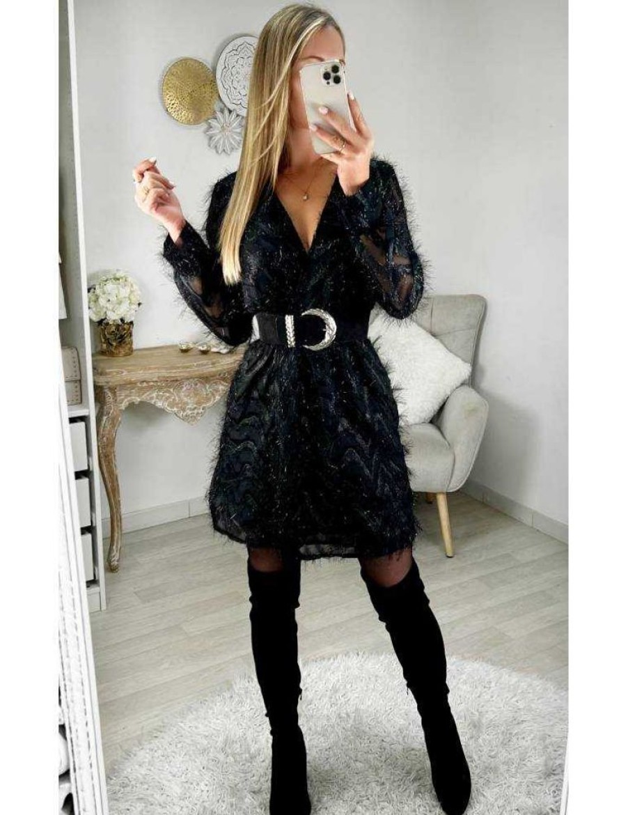 Robes My Look Féminin | Robe Noire Strass Et Plumes