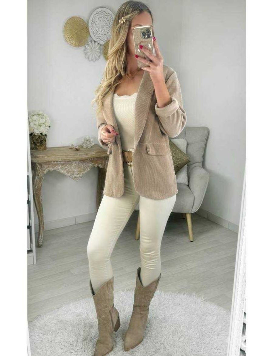 Vestes Gilets My Look Féminin | Blazer Caramel Style Velours Basique