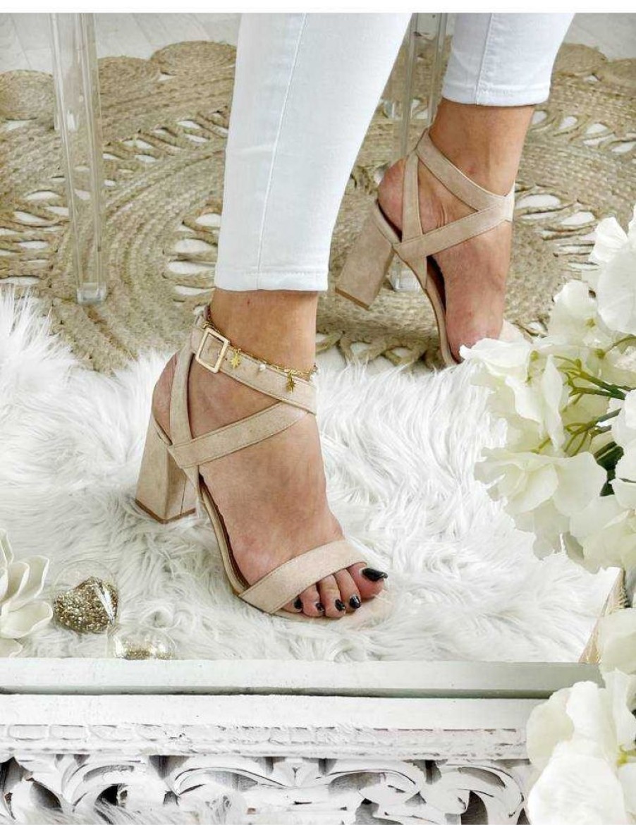 Chaussures My Look Féminin | Mes Sandales A Talons Beige Style Daim Et Lanieres