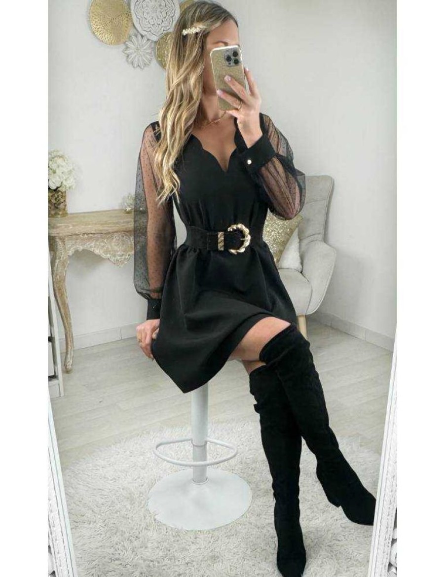 Robes My Look Féminin | Robe Noire Col Festonne & Manches Plumetis