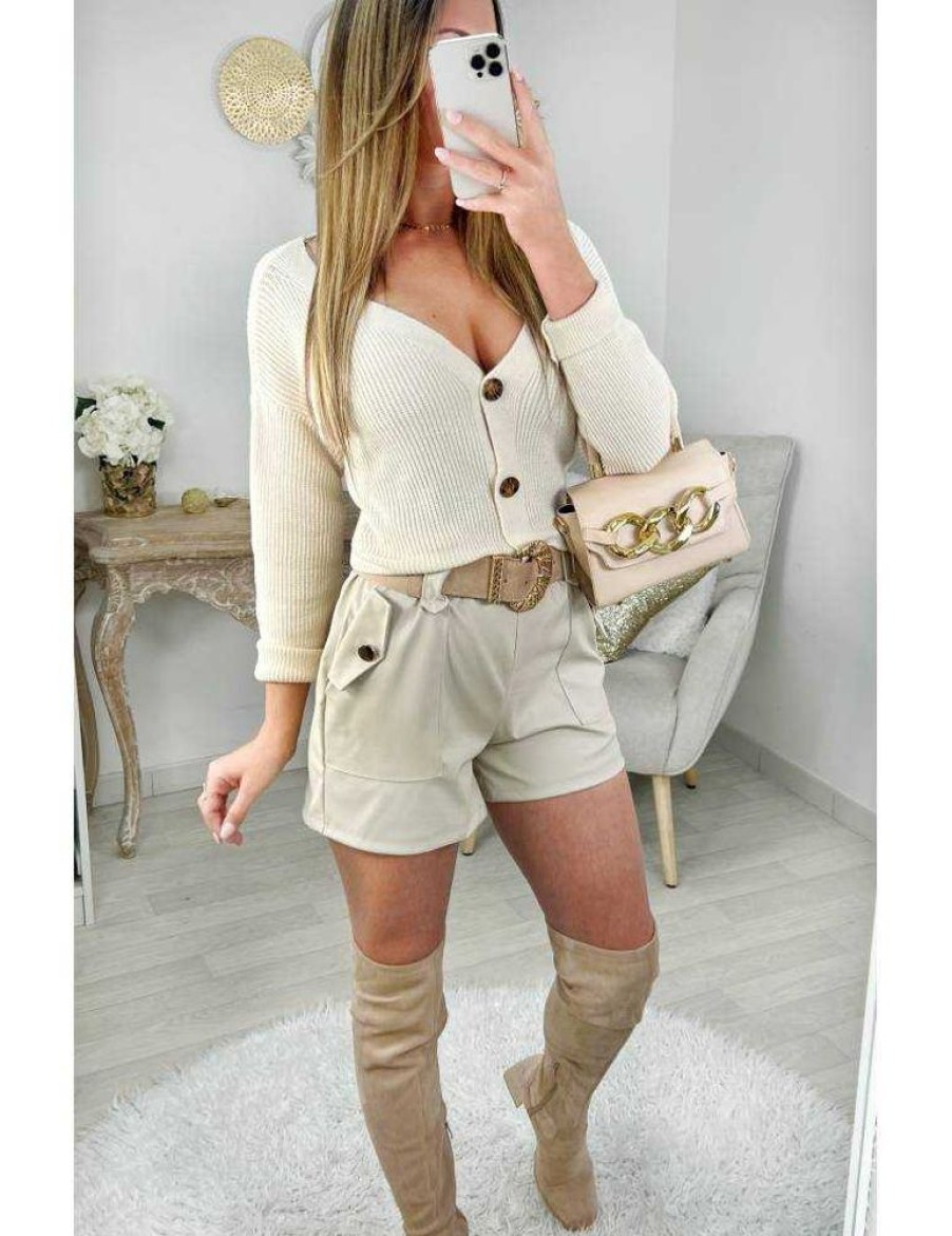 Jupes Shorts My Look Féminin | Mon Short Beige Style Cuir Et Sa Ceinture