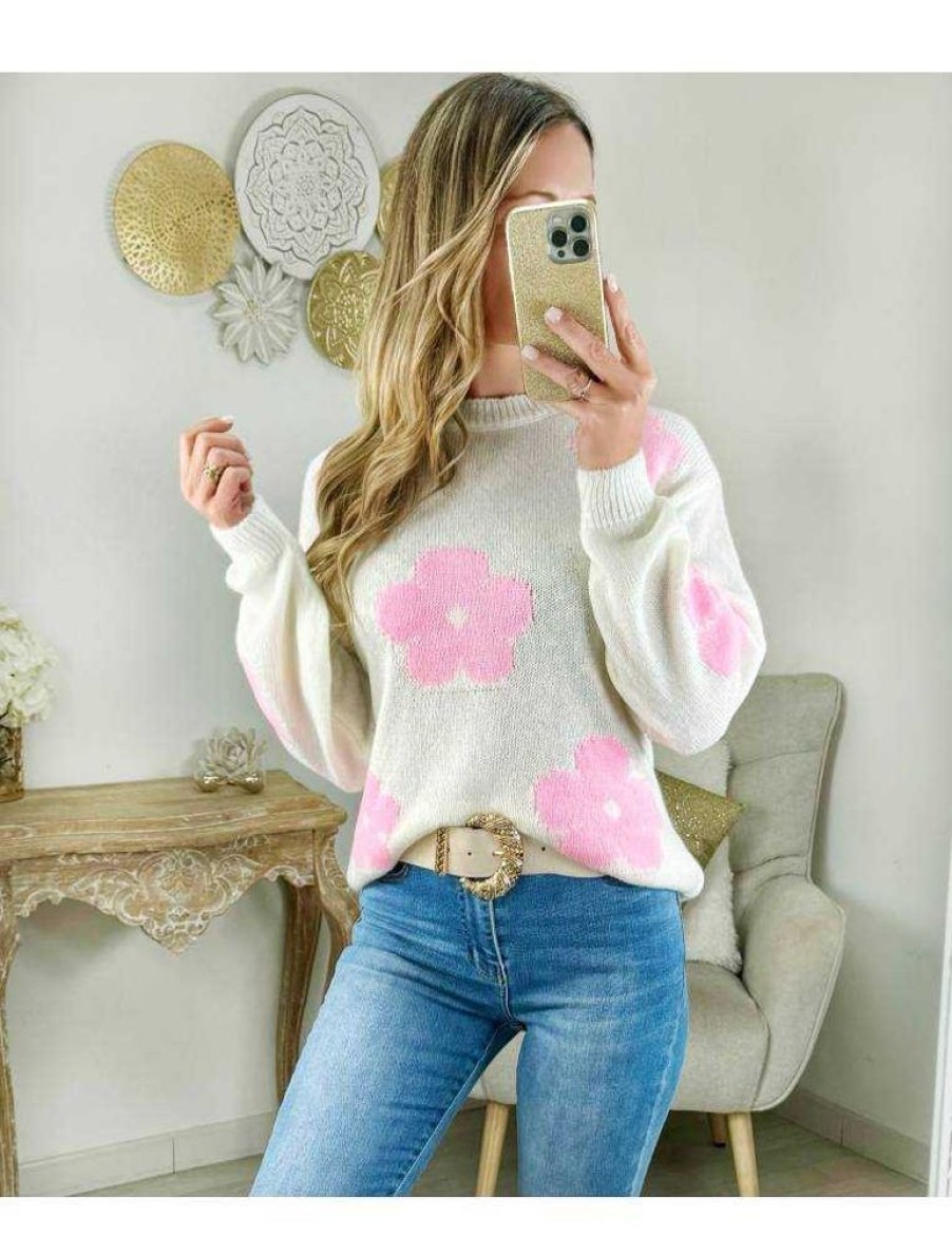 Pulls My Look Féminin | Pull Ecru & Fleurs Rose