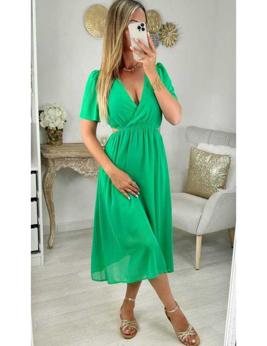 Robes My Look Féminin | Robe Mi-Longue En Voilage Verte Cut Out