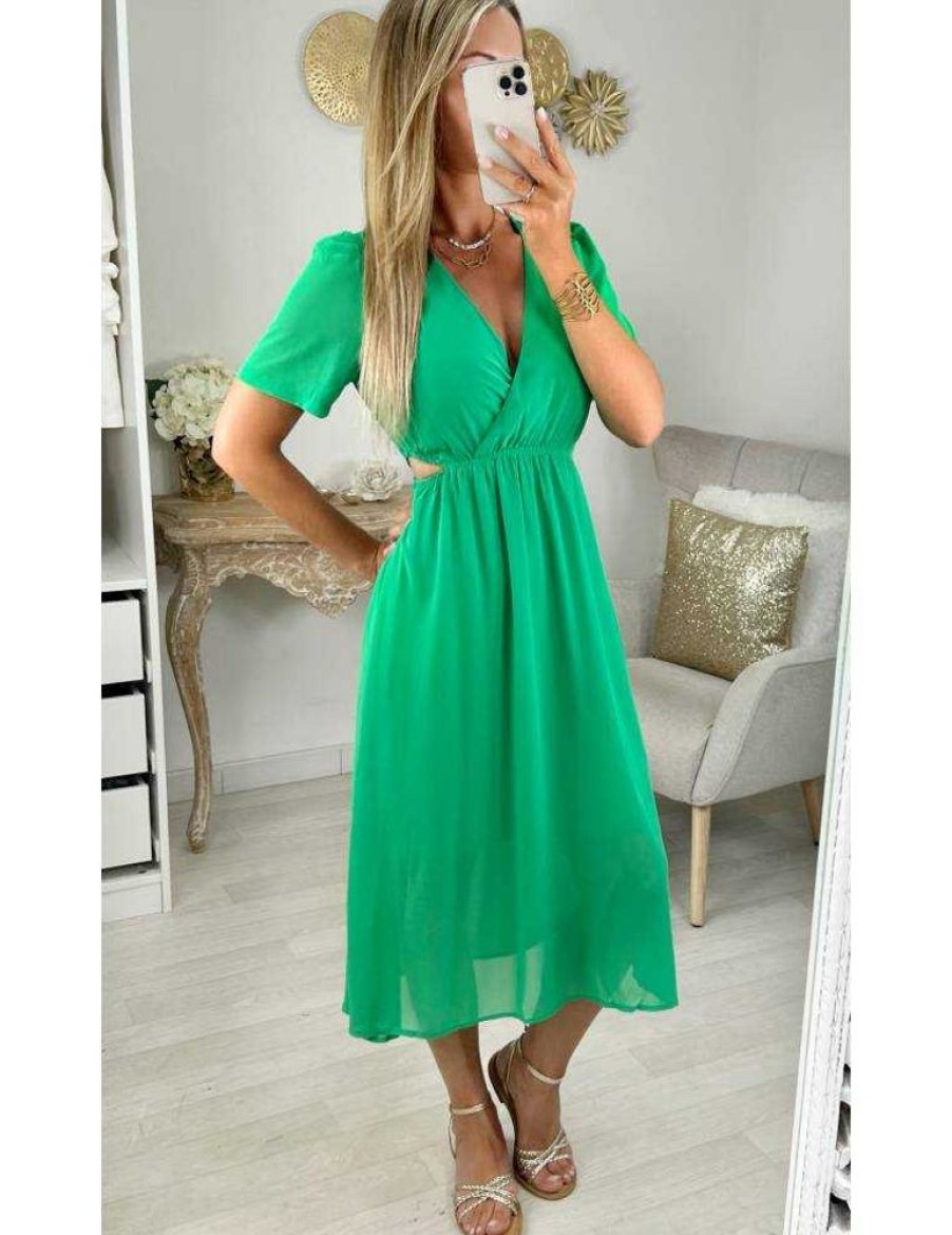 Robes My Look Féminin | Robe Mi-Longue En Voilage Verte Cut Out