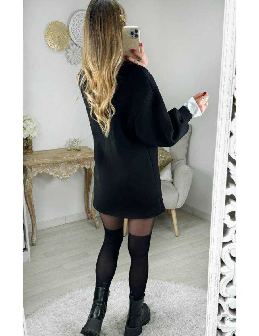 Robes My Look Féminin | Robe Sweat Noire Col Chemisier