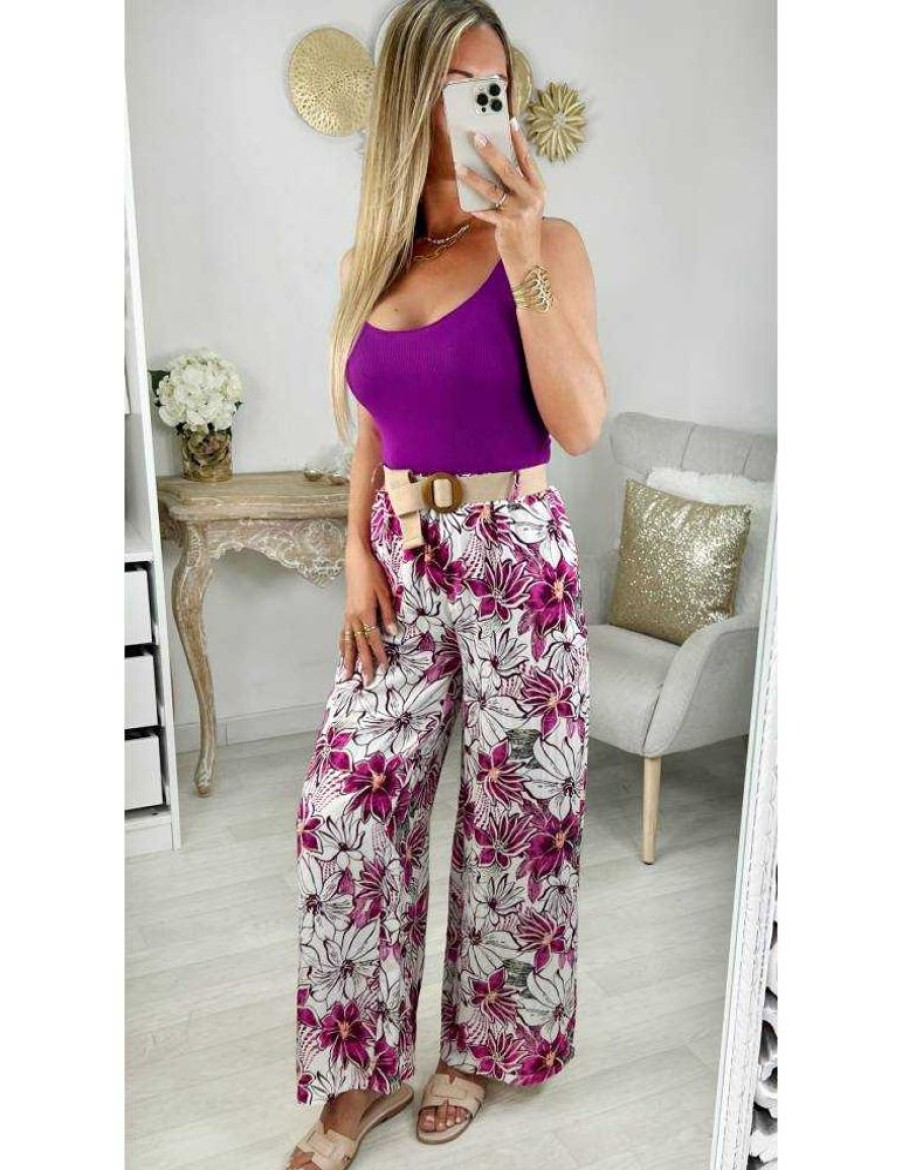 Pantalons My Look Féminin | Pantalon Style Lin Fleurs Fuchsia