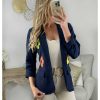 Vestes Gilets My Look Féminin | Blazer Bleu Marine Et Fleurs Colorees