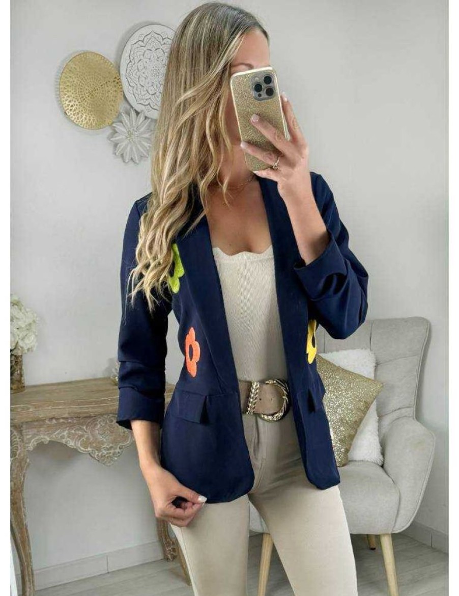 Vestes Gilets My Look Féminin | Blazer Bleu Marine Et Fleurs Colorees