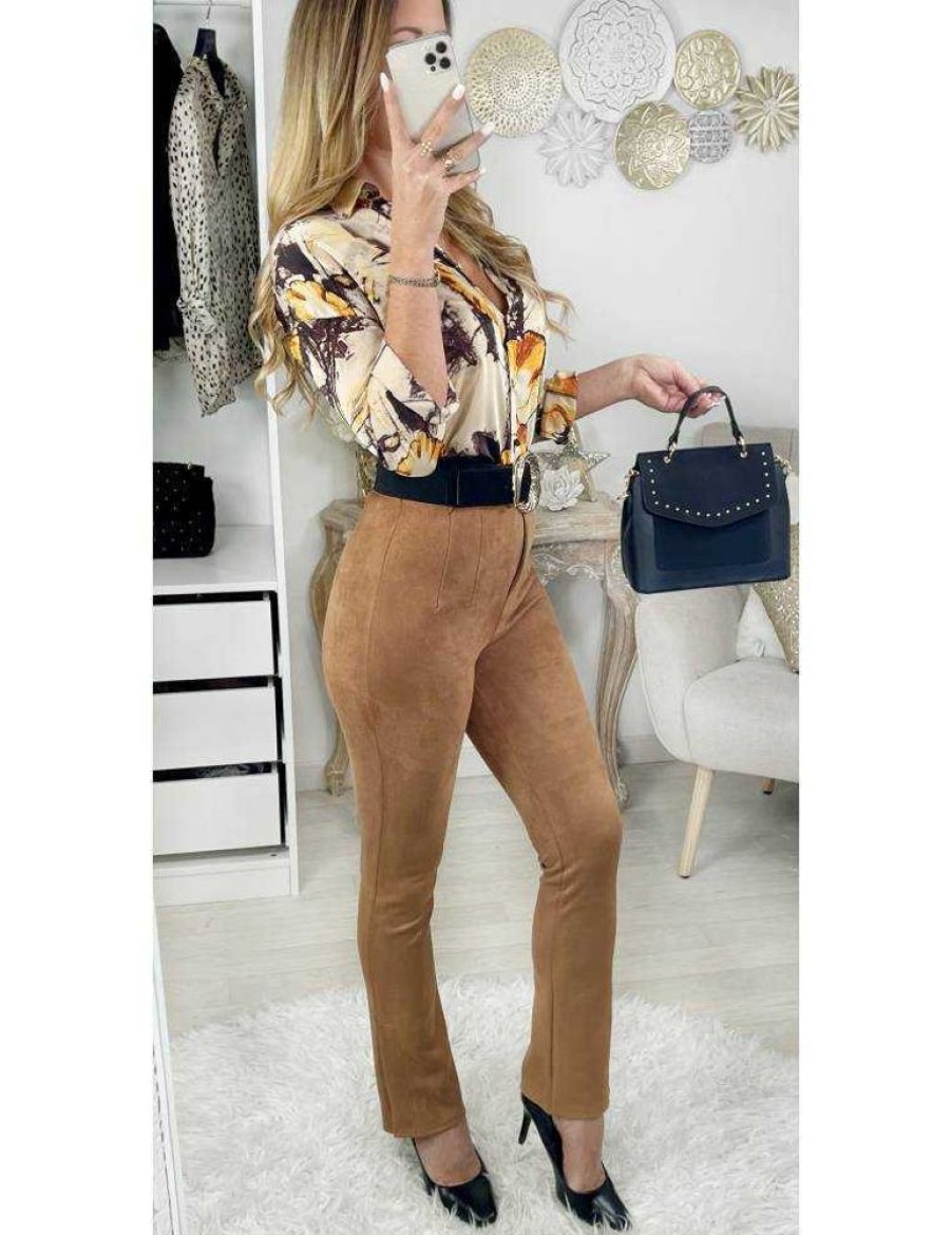 Pantalons My Look Féminin | Mon Superbe Pantalon Droit Camel Suedine & Fendu