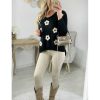 Pulls My Look Féminin | Pull En Lainage Noir Fleurs Beige