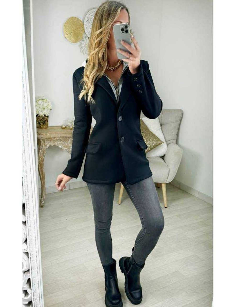 Manteaux My Look Féminin | Manteau Blazer Noir Et Capuche