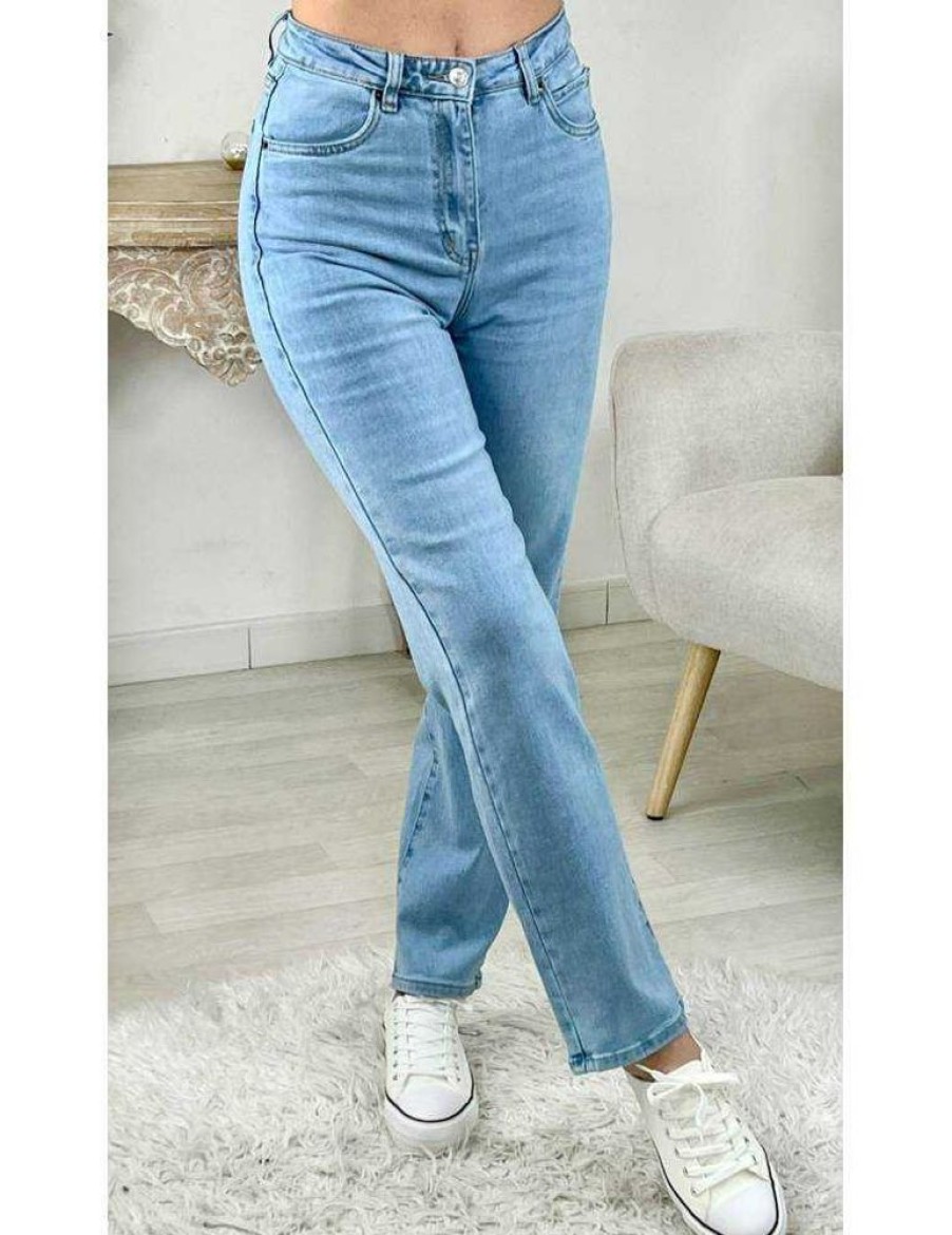 Pantalons My Look Féminin | Mon Jeans Taille Haute Bleu Ciel