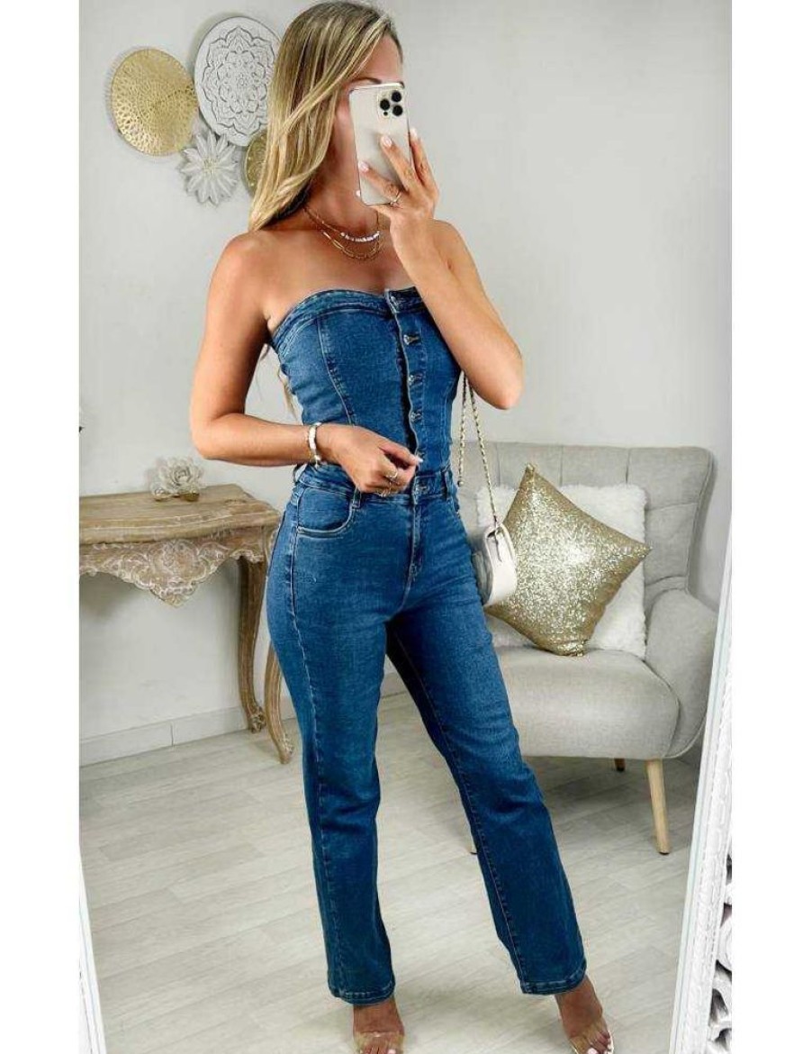 Pantalons My Look Féminin | Combi Bustier En Jeans Bleu